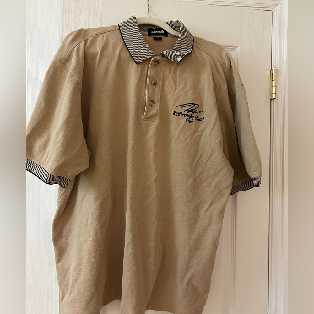 Ashworth Rattlesnake Club Tan Polo men’s xl  Striped Collar REAd